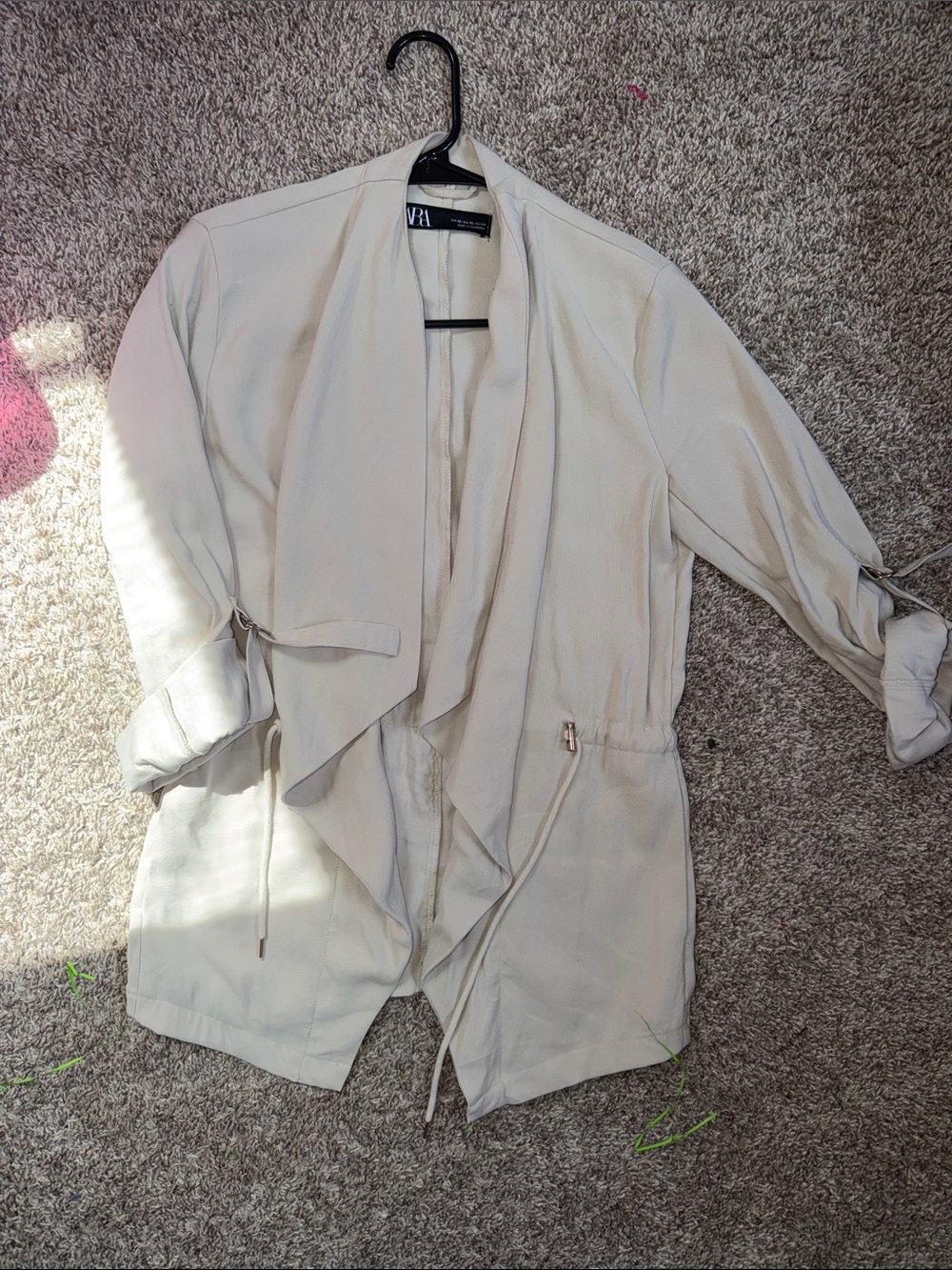 Zara Light Cream Draped Utility Jacket with Drawstring Waist
